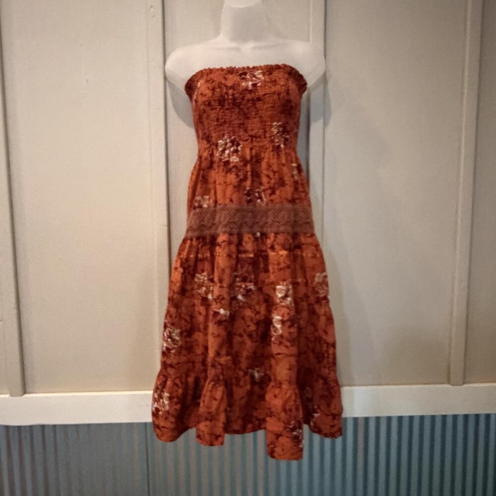 Dress Juniors 5 Orange Smocked Strapless Crochet Boho Midi Sundress Maxi Skirt